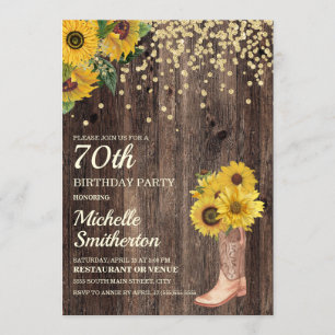 Invitation Bottes de soleil rustiques pailletées 70e annivers