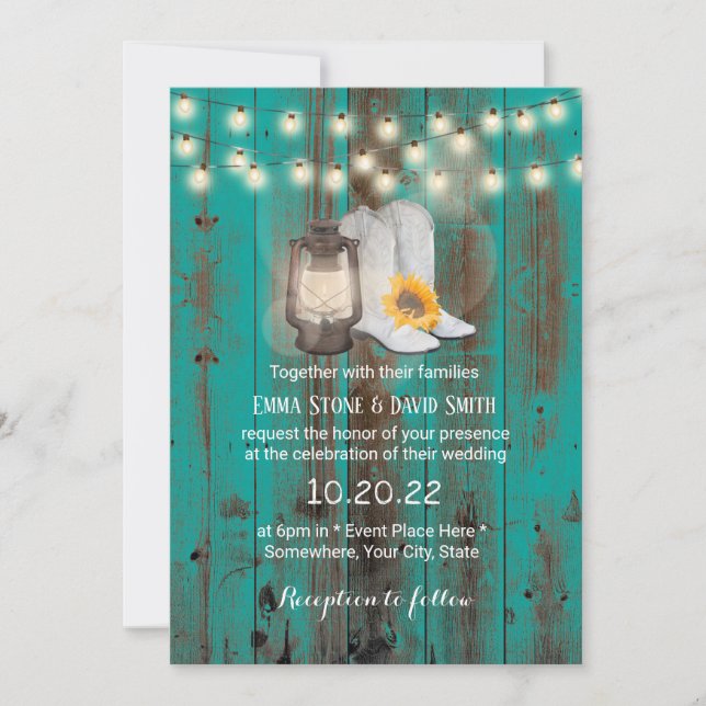 Invitation Bottes de tournesol et Mariage occidental Turquois (Devant)