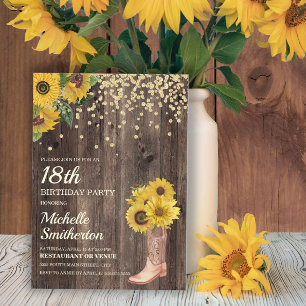 Invitation Bottes de tournesol rustiques Paillettes 18e anniv