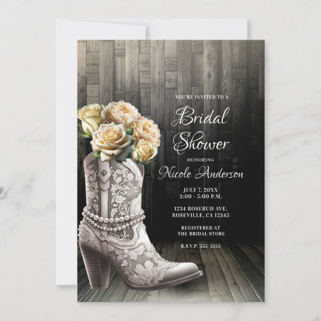 Invitation Bottes en dentelle de Cowgirl & Fleurs blanches Ma (Devant)