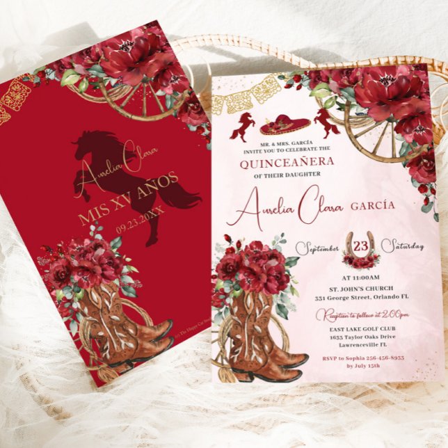 Invitation Bottes en fer à cheval de Charro Floral Rouge Quin (Créateur téléchargé)