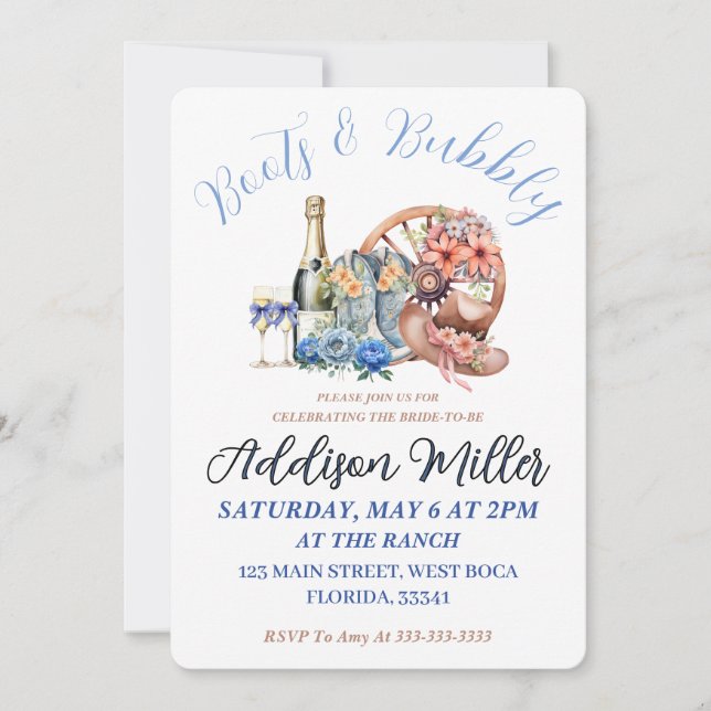 Invitation Bottes et bulles Élégante douche de mariée florale (Devant)