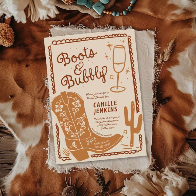 Invitation Bottes et Fête des mariées à main mousseuse (Boots and Bubbly Hand Drawn Bridal Shower Invitation)