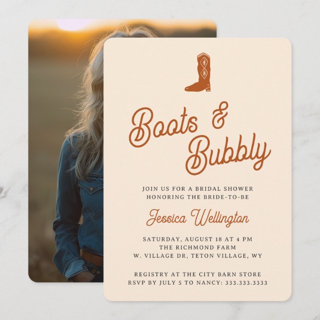 Invitation Bottes et Fêtes des mariées de Bubbly de l'Ouest r (Devant / Derrière)