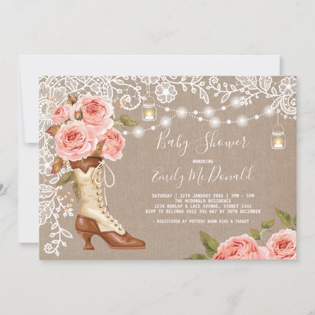 Invitation Bottes florales de cow-girl de baby shower de rose (Devant)