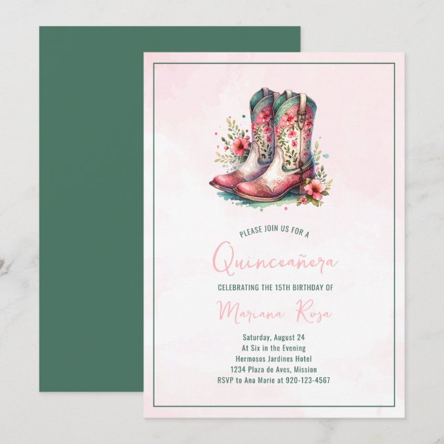 Invitation Bottes florales de l'Ouest Quinceanera Anniversair (Devant / Derrière)