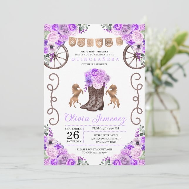Invitation Bottes florales pourpres de Charra Ouest Quinceañe (Debout devant)