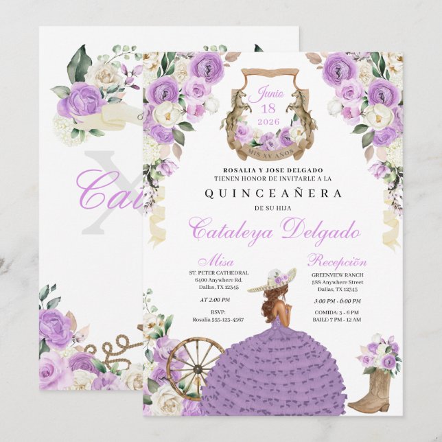 Invitation Bottes florales pourpres Ouest Mariachi Quinceañer (Devant / Derrière)