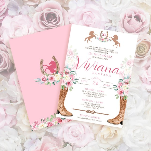Invitation Bottes florales roses Charra Quinceanera Occidenta (Créateur téléchargé)