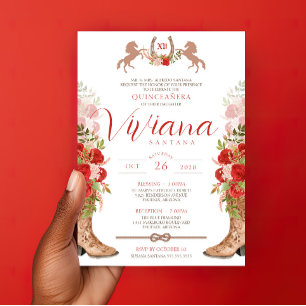 Invitation Bottes florales Roses rouges Charra Quinceanera Ou