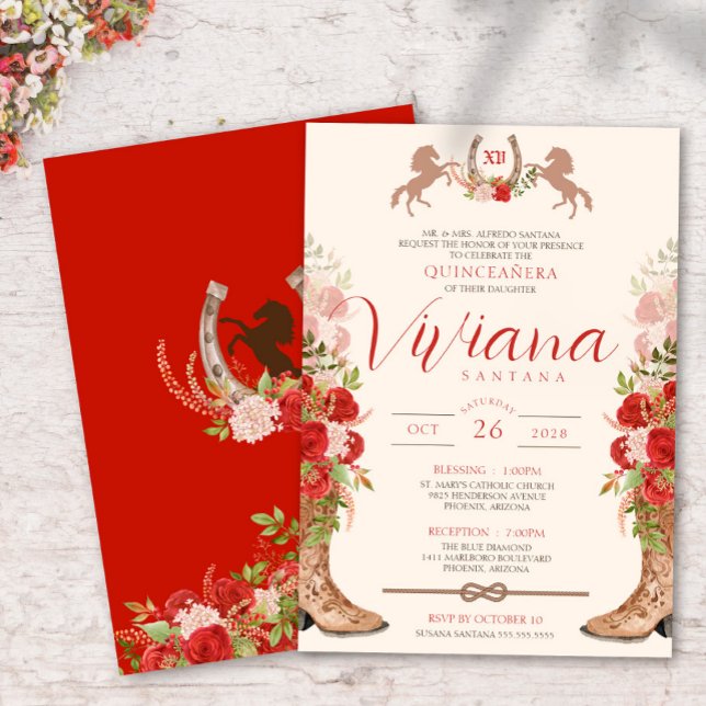 Invitation Bottes florales Roses rouges Charra Quinceanera Ou (Créateur téléchargé)