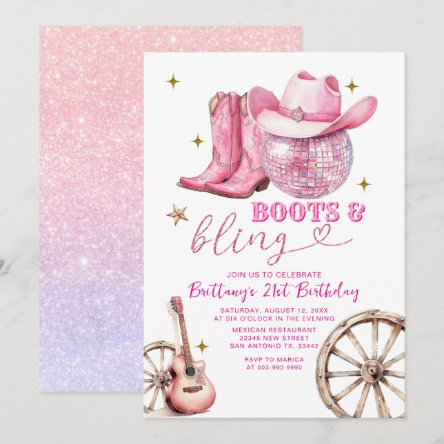 Invitation Bottes Glittter en or rose et Bling 21e anniversai (Devant / Derrière)