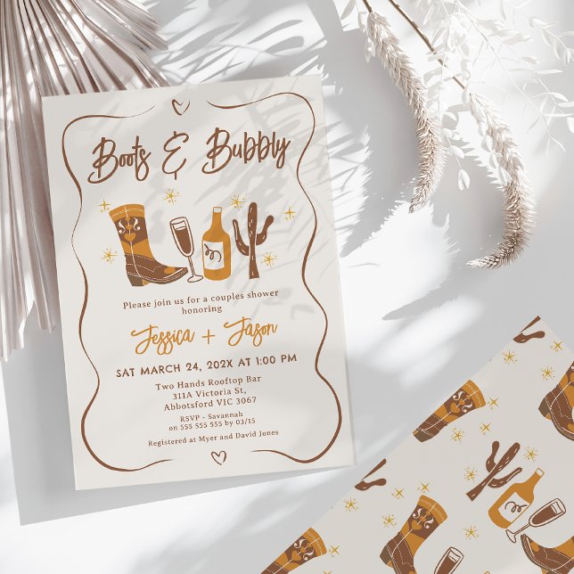 Invitation Bottes nuptiales Whimsical et douches à bulles (Boots and Bubbly Couples Shower Invitation Whimsical Couples Shower Invitation Hearts Champagne)