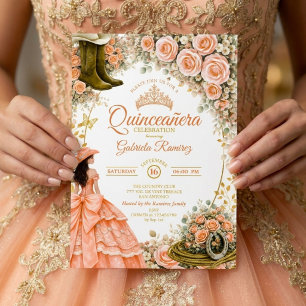 Invitation Bottes occidentales Roses pêche Quinceañera dorée