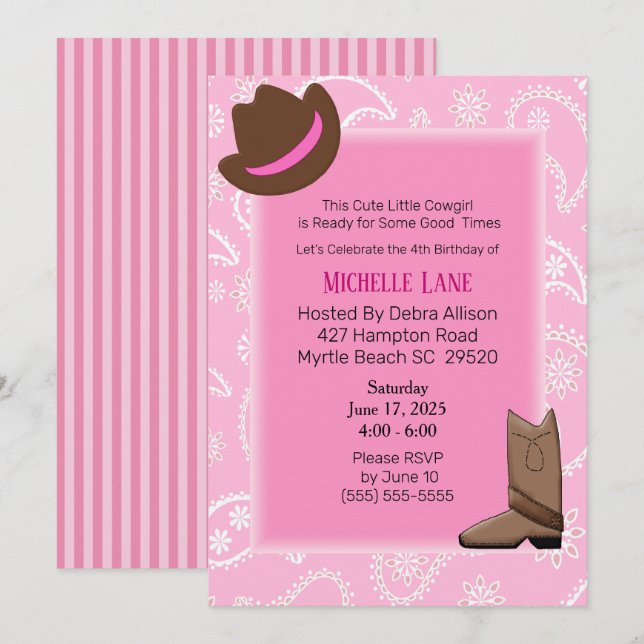 Invitation Bottes pour filles de vache et Casquette Anniversa (Devant / Derrière)