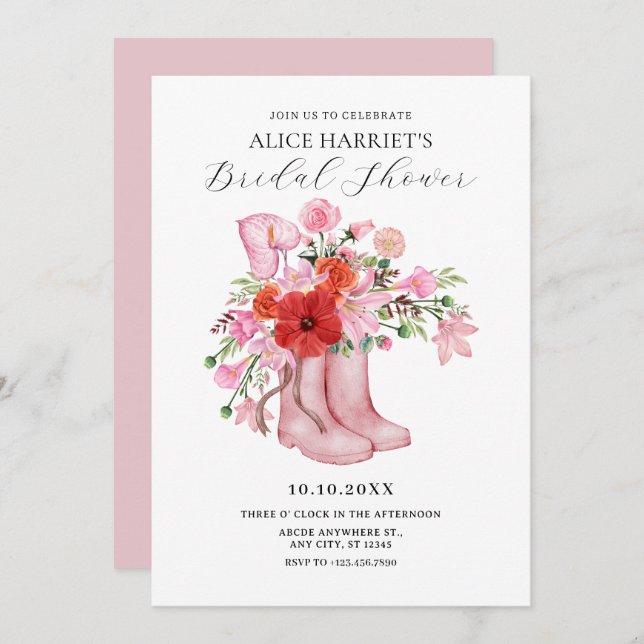 Invitation Bottes roses bouquet de fleurs douche nuptiale (Devant / Derrière)