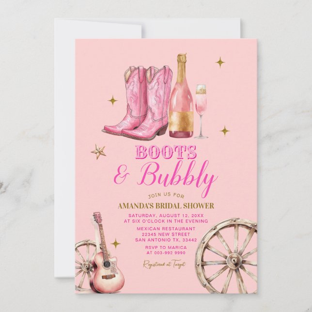 Invitation Bottes roses et or et Fête des mariées Bubly (Devant)