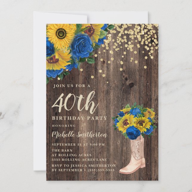 Invitation Bottes Roses russes bleu tournesol 40e anniversair (Devant)