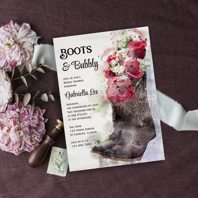 Invitation Bottes Roses rustiques et Fête des mariées occiden (Créateur téléchargé)