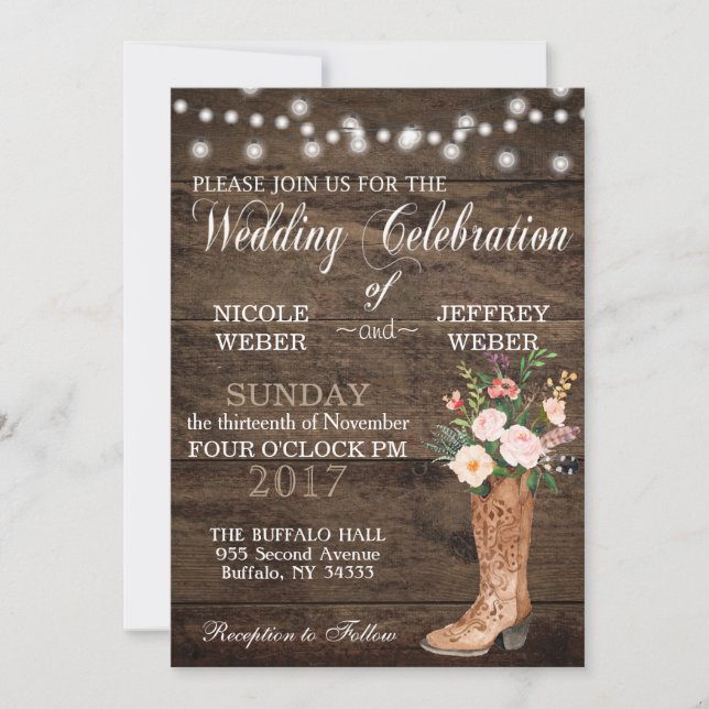 Invitation Bottes Rustic Barne Mariage Wood Cowboy (Devant)