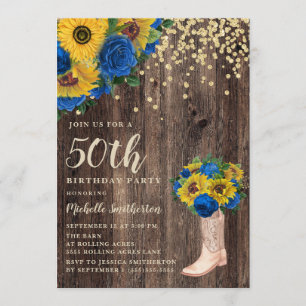 Invitation Bottes Rustique Roses bleu tournesol 50e anniversa
