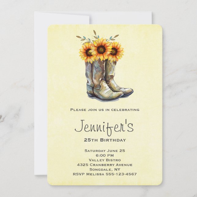 Invitation Bottes rustiques Cowboy avec tournesol Anniversair (Devant)