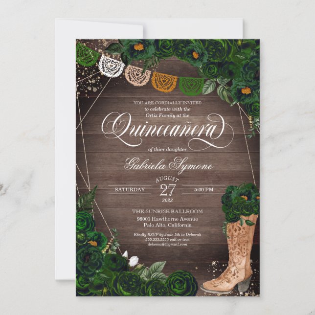 Invitation Bottes rustiques de fille Rose vert Charro Quincea (Devant)