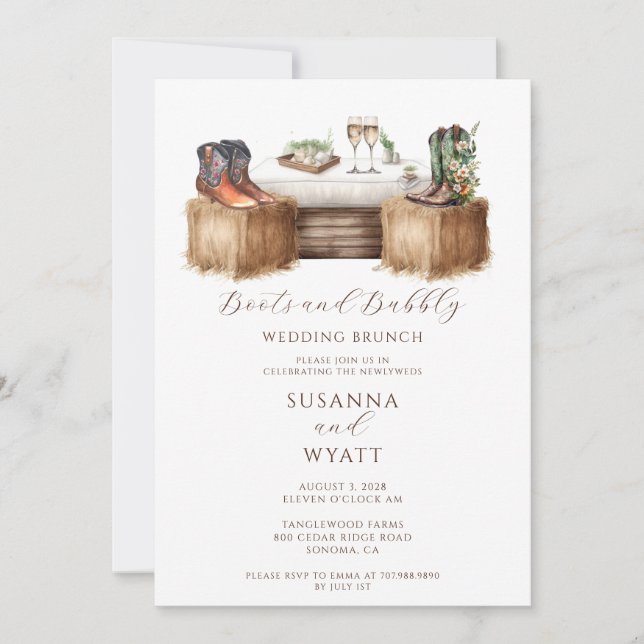 Invitation Bottes Rustiques Et Brunch Mariage Bubbly (Devant)