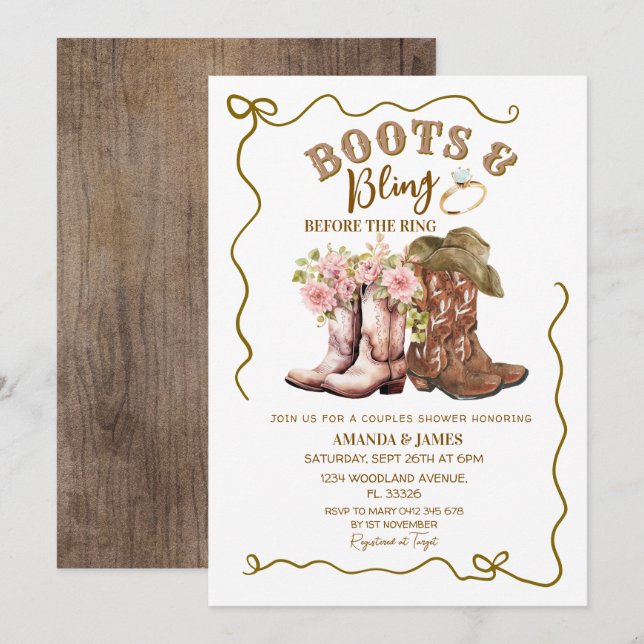 Invitation Bottes rustiques et paillettes Baby Shower pour co (Devant / Derrière)