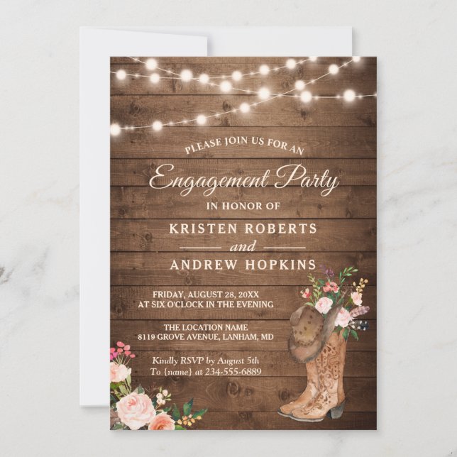 Invitation Bottes Rustiques Floral Chaîne Lights (Devant)