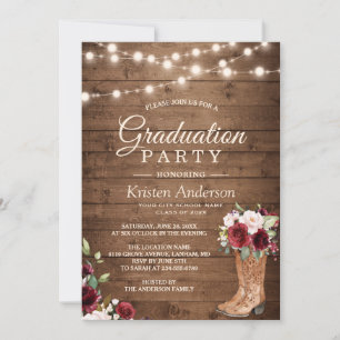 Invitation Bottes rustiques Roses rouges Fête de Graduation F