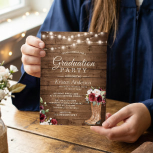 Invitation Bottes rustiques Roses rouges Fête de Graduation F