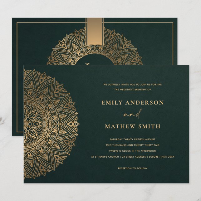 INVITATION BOTTLE VERT OR CLASSIQUE ORNATE MANDALA MARIAGE (Devant / Derrière)