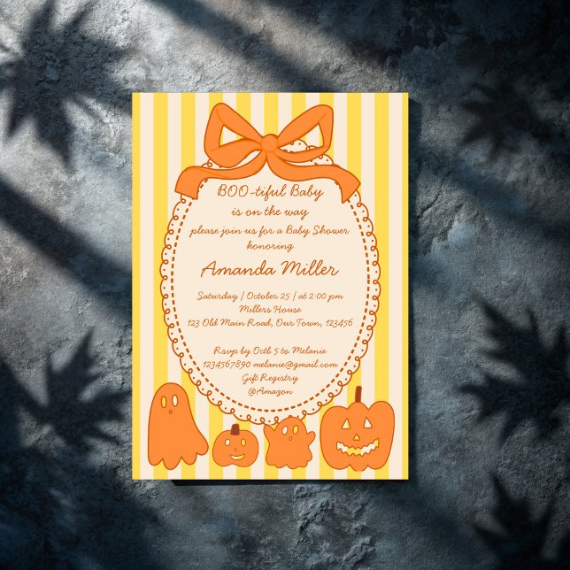 Invitation Bou mignon fantôme baby shower Halloween (Boo-tiful cute ghost retro yellow orange stripes Halloween baby shower Invitation cards template)