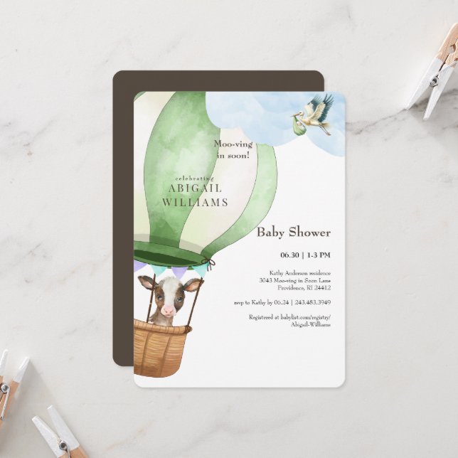 Invitation Bouche et vache Moo-ving dans le Baby shower Brown (Devant/Arrière en situation)