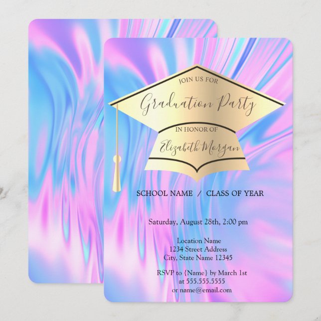 Invitation Bouchon de diplôme d'or, Arc-en-ciel Holographique (Devant / Derrière)