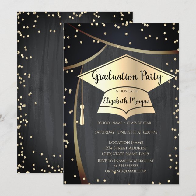 Invitation Bouchon de diplôme d'or, Diamants Graduation noire (Devant / Derrière)