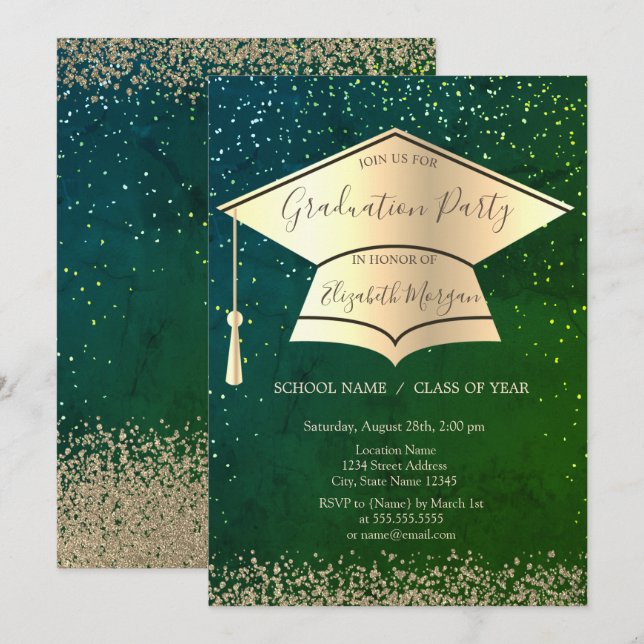 Invitation Bouchon de diplôme d'or, Diamètre Vert Graduation (Devant / Derrière)