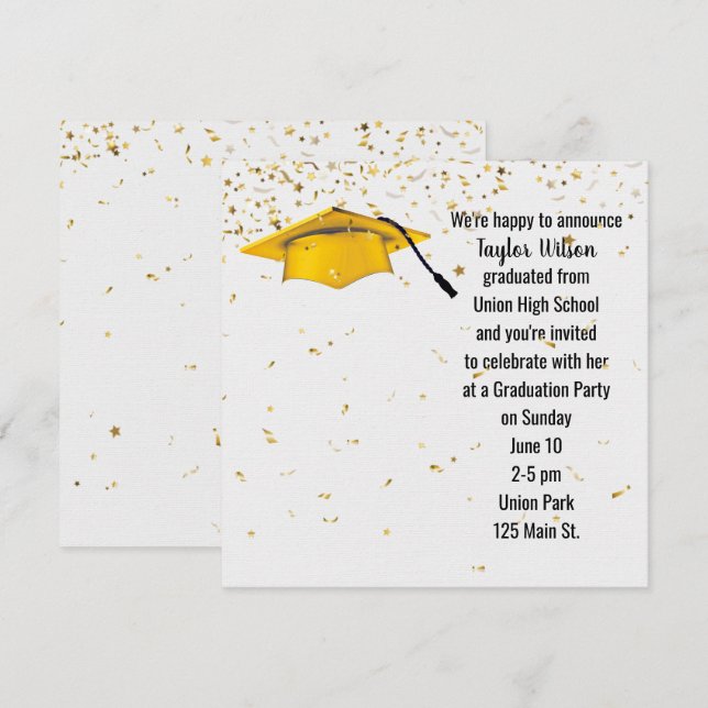 Invitation Bouchon Gold Graduation avec Confetti Or (Devant / Derrière)