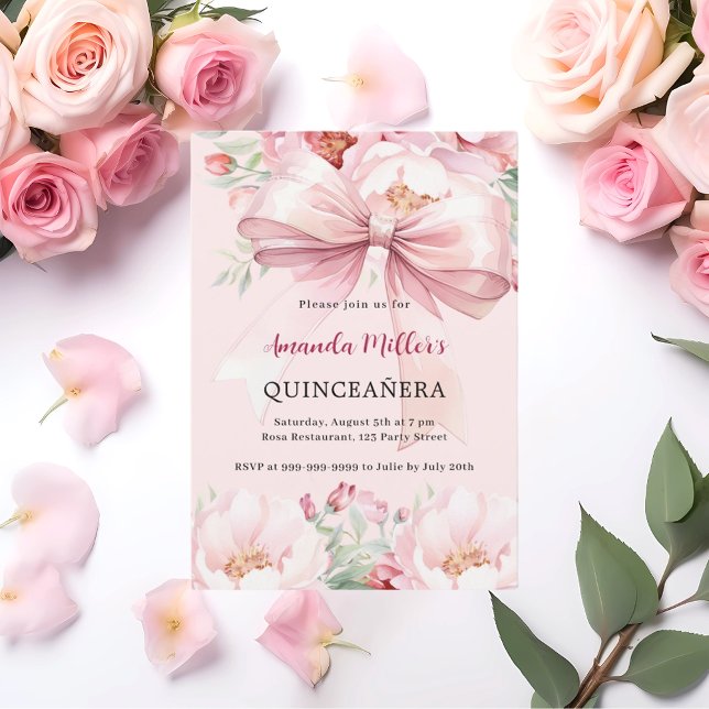 Invitation Boucles d'arc rose pâle Quinceanera (Créateur téléchargé)