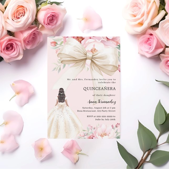Invitation Boucles d'arc rose pâle robe crème Quinceanera (Créateur téléchargé)