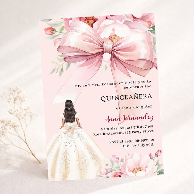 Invitation Boucles d'arc rose pâle robe Quinceanera (Créateur téléchargé)