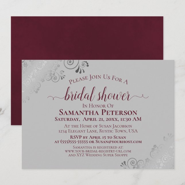 Invitation Boucles d'argent Bourgogne et gris Fête des mariée (Devant / Derrière)