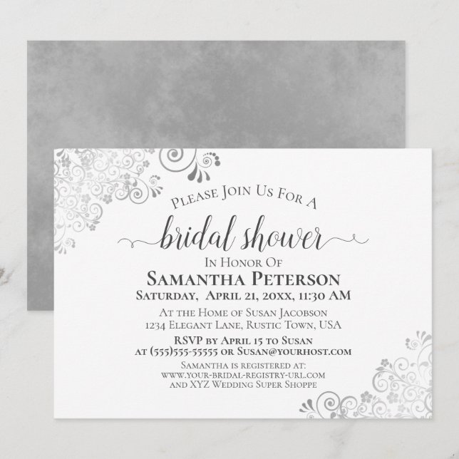 Invitation Boucles d'argent Élégante Fête des mariées gris et (Devant / Derrière)