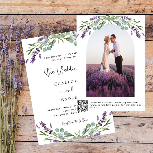 Invitation Boucles violets de lavande arche photo QR RSVP mar (Créateur téléchargé)