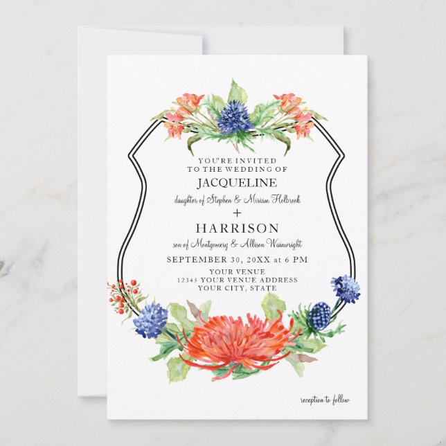Invitation Bouclier Floral Aquarelle Chute Orange Mum Chardon (Devant)