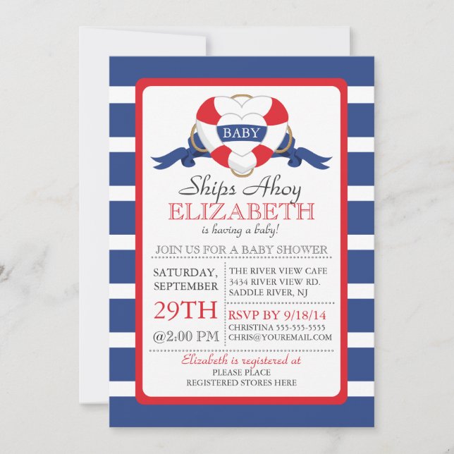 Invitation Bouée cardiaque marine moderne Baby shower NEUTRE (Devant)