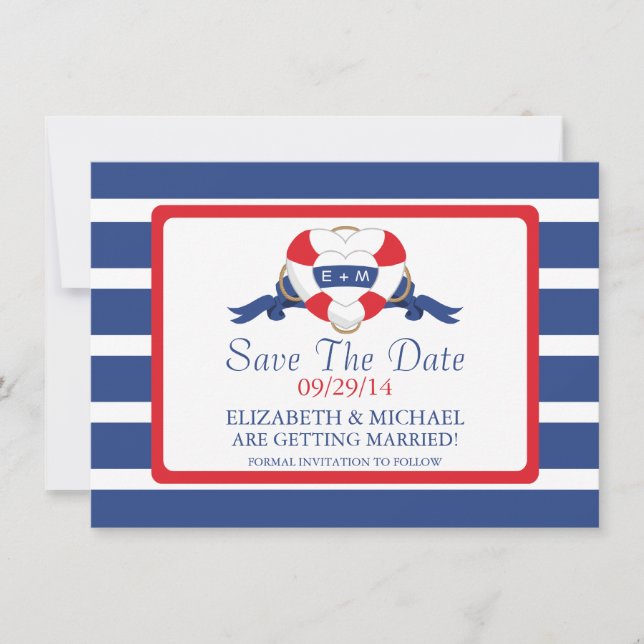 Invitation Bouée De Coeur Nautique Moderne Sauvez La Date (Devant)