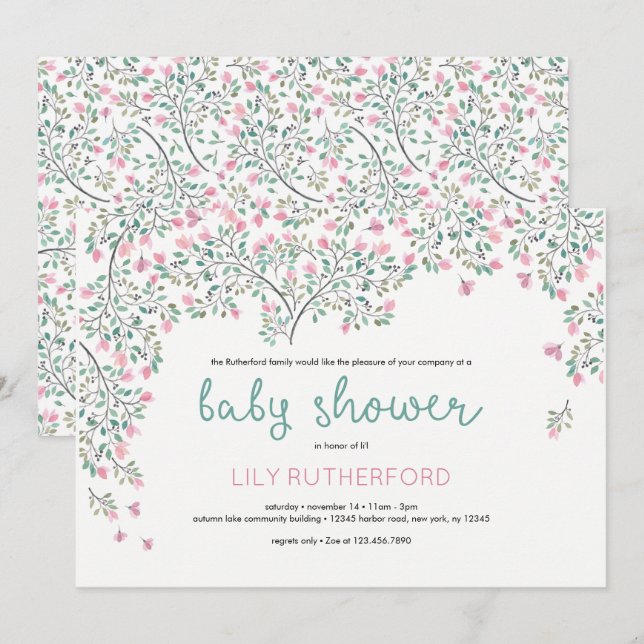 Invitation Bougainvillea Baby shower aquarelle (Devant / Derrière)