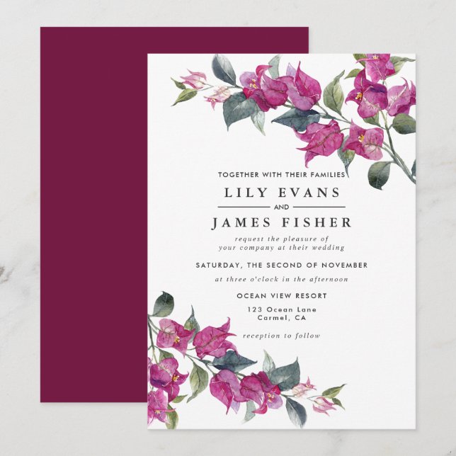 Invitation Bougainvillea Bourgogne Mariage rose (Devant / Derrière)
